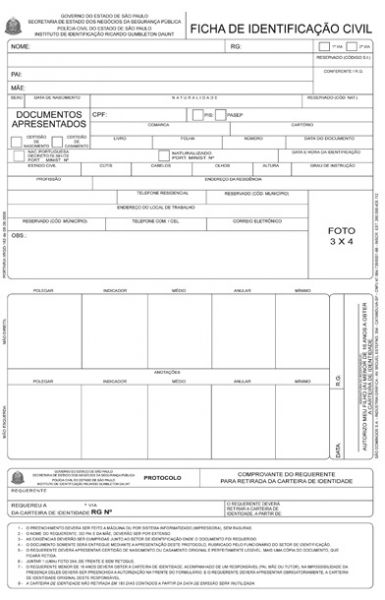 FICHA IDENTIFICAÇÃO CIVIL  RG 100FLS SÃO DOMING